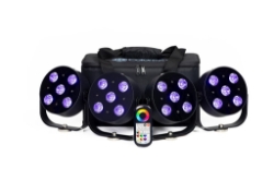 MobilePar HEX 5  (4-Pack Bundle With Carrying Bag) Colorkey bundle package, MobilePar Hex 5 4-pack, wash lights, wireless dmx lights, 4-pack lights, RGBWA-UV LED lights, special effects lighting, battery-powered par lights, par lighting, easy hang light, 48 preset colors, small venue lighting, mobile DJ lighting, haunted house lighting, party lights, RF remote, lightweight lights